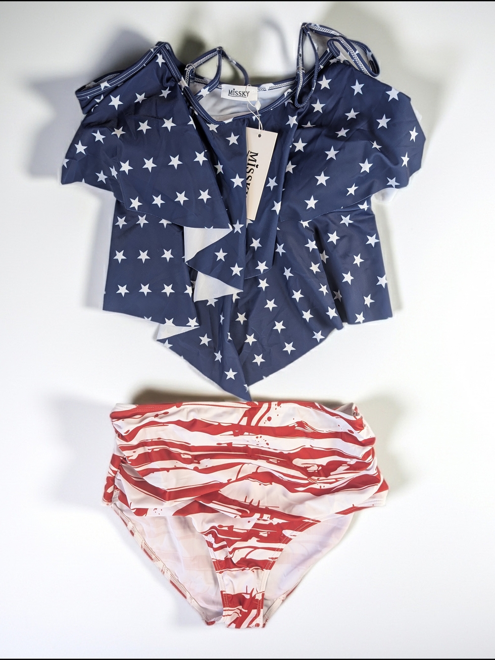 MISSKY Patriotic Stars/Stripe 2-Piece Swimsuit Tank Top High-Waist‎ Bottom L